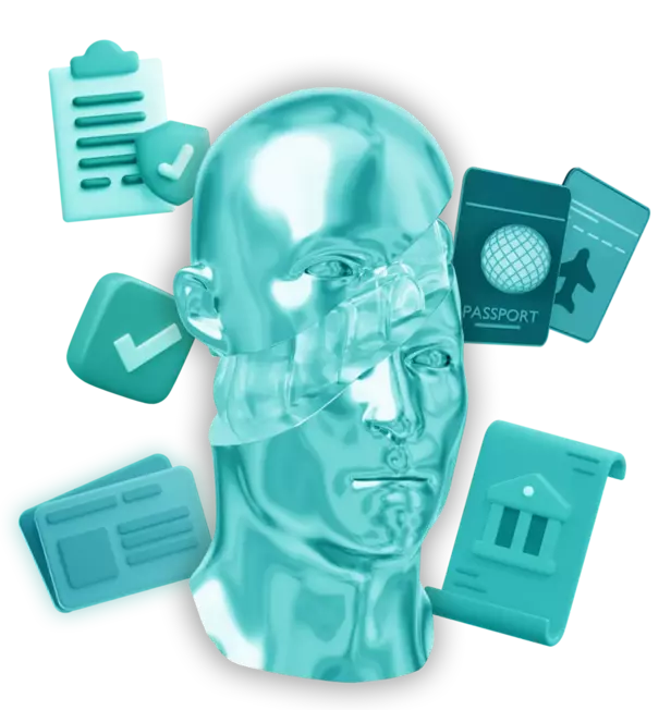 A futuristic blue character with a head filled with symbolic icons.